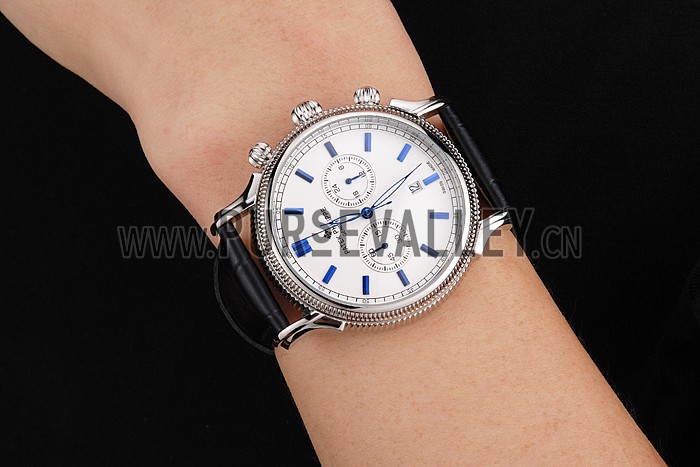 Patek Philippe Chronograph White Dial Blue Markings Stainless Steel Case Black Leather Strap