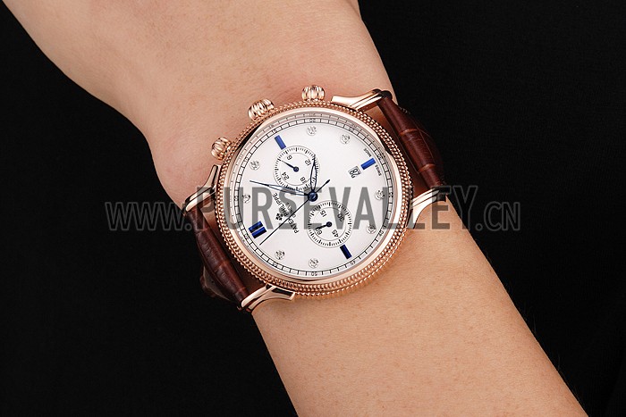 Patek Philippe Chronograph White Dial With Blue And Diamond Markings Rose Gold Case Brown Leather Strap