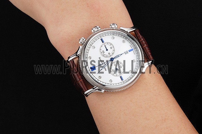 Patek Philippe Chronograph White Dial With Diamond And Blue Markings Stainless Steel Case Brown Leather Strap