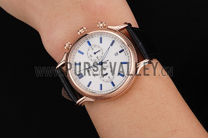 Patek Philippe Chronograph White Dial Blue Markings Rose Gold Case Black Leather Strap