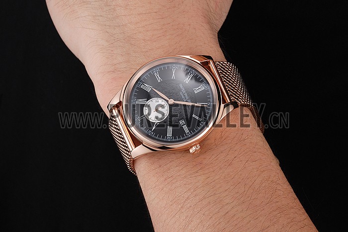 Patek Philippe Calatrava Small Seconds Black Engraved Dial Rose Gold Case And Bracelet