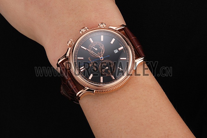 Patek Philippe Chronograph Black Dial Rose Gold Case Brown Leather Strap