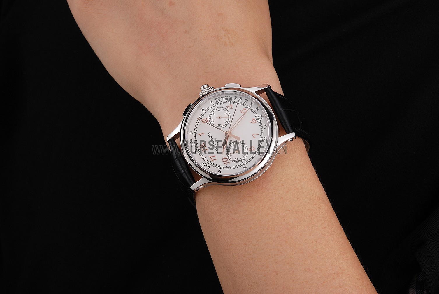 Swiss Patek Philippe Split Seconds Chronograph White Dial Rose Gold Hands Stainless Steel Case Black Leather Strap