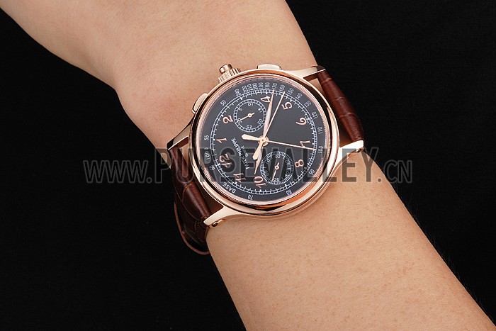 Swiss Patek Philippe Split Seconds Chronograph Black Dial Rose Gold Case Brown Leather Strap