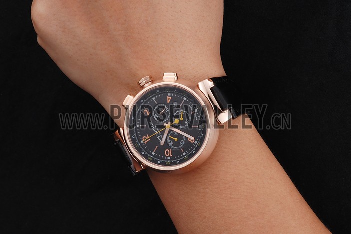 Louis Vuitton Tambour Chronograph Black Dial Rose Gold Case Black Leather Strap