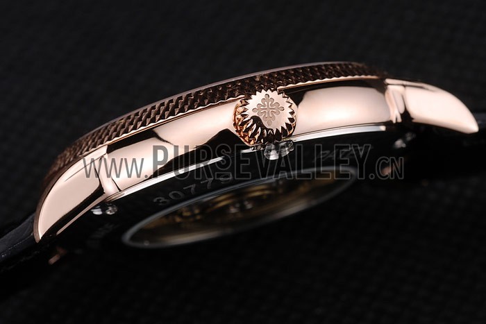 Patek Philippe Swiss Calatrava Ribbed Bezel Black Dial Black Leather Strap 7651