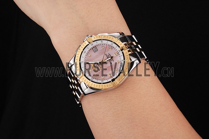 Breitling Colt Lady Pink Dial Diamond Hour Marks Gold Bezel Stainless Steel Case Two Tone Bracelet