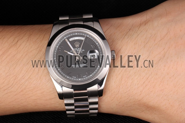 Swiss Rolex Daydate Stainless Steel Bracelet Black Dial 80294