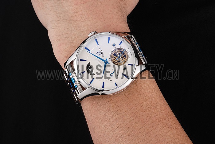 Omega De Ville Moonphase Tourbillon White Dial Stainless Steel Case Two Tone Steel Blue Bracelet