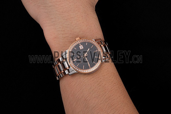 Burberry The City Black Dial Rose Gold Diamond Bezel Stainless Steel Case Two Tone Bracelet