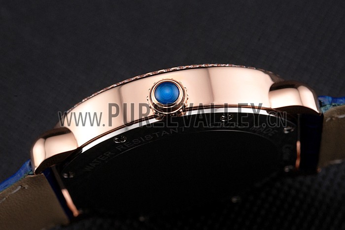 Cartier Ronde Louis Cartier Blue Dial Gold Case Diamond Bezel Blue Leather Strap