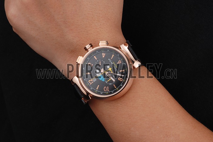 Louis Vuitton Tambour LV Cup Regate Black Dial Rose Gold Case Black Leather Strap