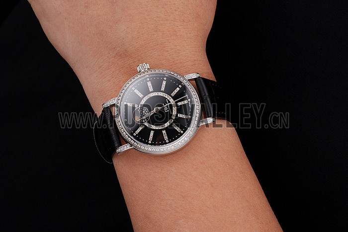 IWC Portofino Moon Phase Black Dial With Diamonds Stainless Steel Case Diamonds Bezel Black Leather Strap