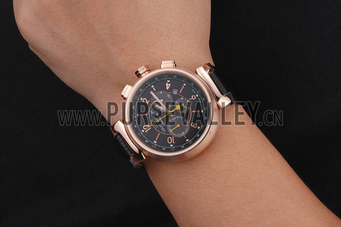 Louis Vuitton Tambour LV277 Chronograph Black Dial Rose Gold Case Black Leather Strap