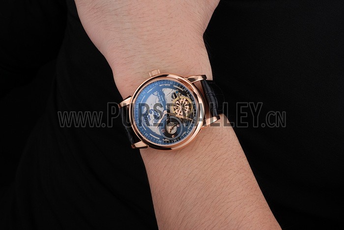 Patek Philippe Dual Time Moonphase Tourbillon Black Skeletonised Rose Gold Case Black Leather Strap
