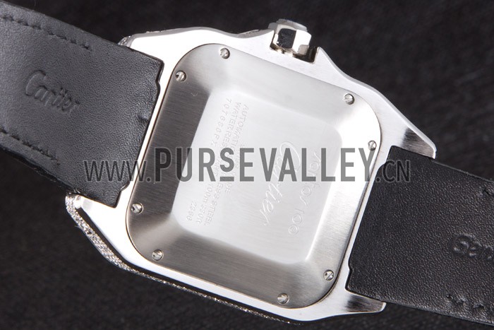 Swiss Cartier Santos Silver Bezel with Diamonds and Black Leather Strap sct47 621531