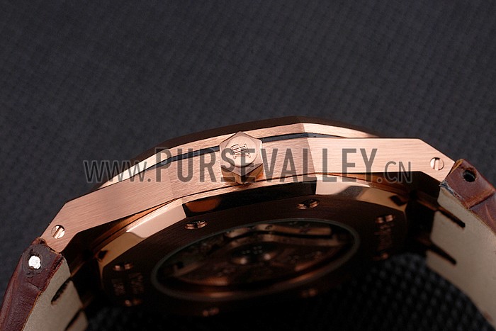 Swiss Audemars Piguet Royal Oak White Dial Gold Case With Diamonds Brown Leather Strap