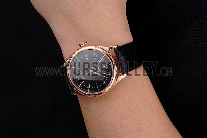 Swiss Rolex Cellini Date Black Dial Rose Gold Markings Rose Gold Case Black Leather Strap