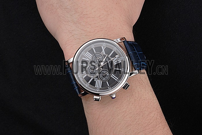 Cartier Rotonde Chronograph Black Dial Stainless Steel Case Blue Leather Strap