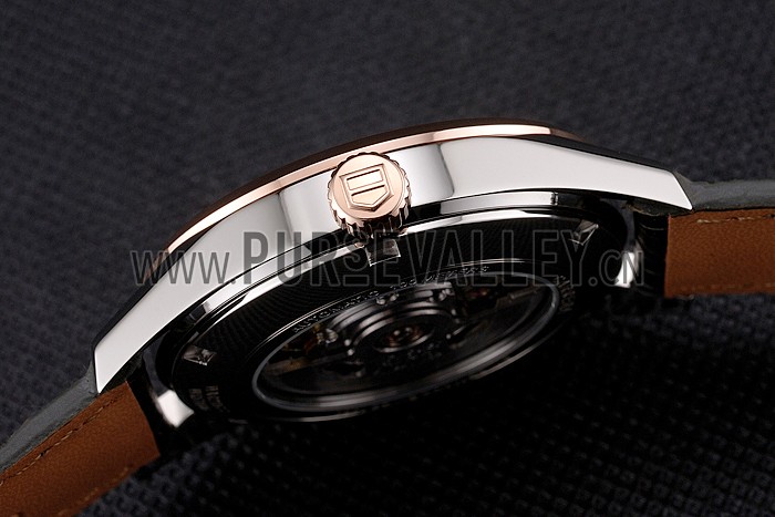 Swiss Tag Heuer Carrera Calibre 5 Gray Dial Rose Gold Case Black Leather Strap