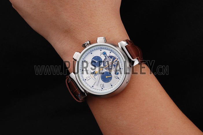 Louis Vuitton Tambour LV277 Tourbillon White Dial Stainless Steel Case Brown Leather Strap