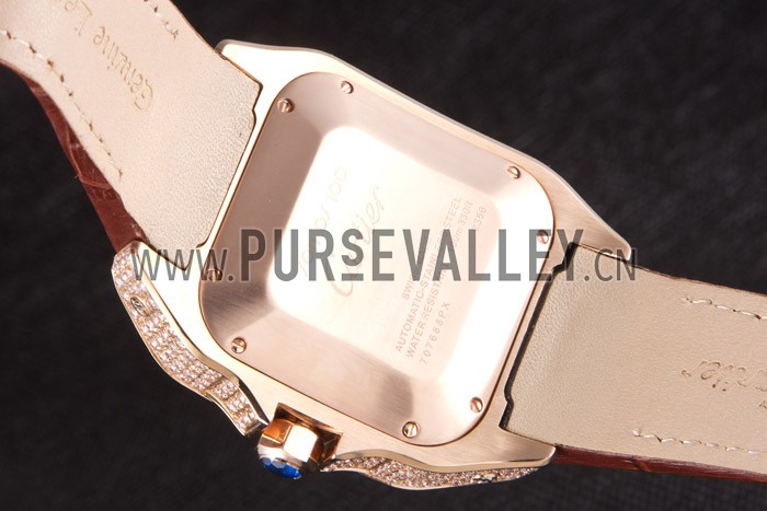 Swiss Cartier Santos Rose Gold Bezel with Diamonds and Brown Leather Strap sct46 621530