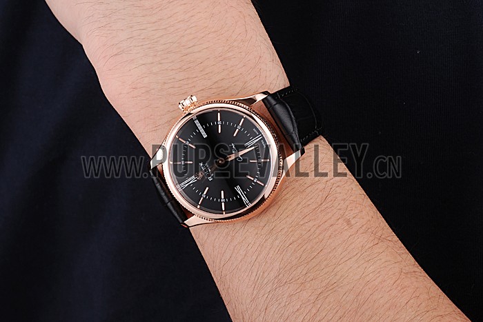 Rolex Cellini Black Dial Pink Gold Case Black Leather Strap 622842