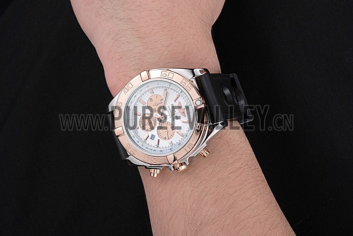 Breitling Chronomat White Dial Rose Gold Bezel And Subdials Stainless Steel Case Black Rubber Strap
