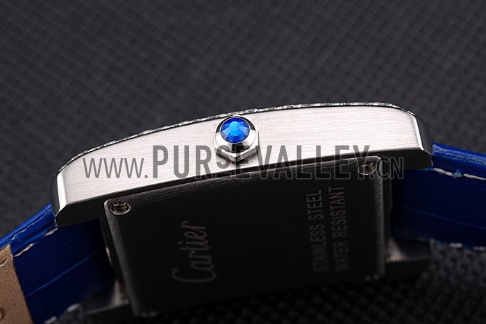Cartier Tank MC Stainless Steel Diamond Case White Dial Blue Leather Strap 622172