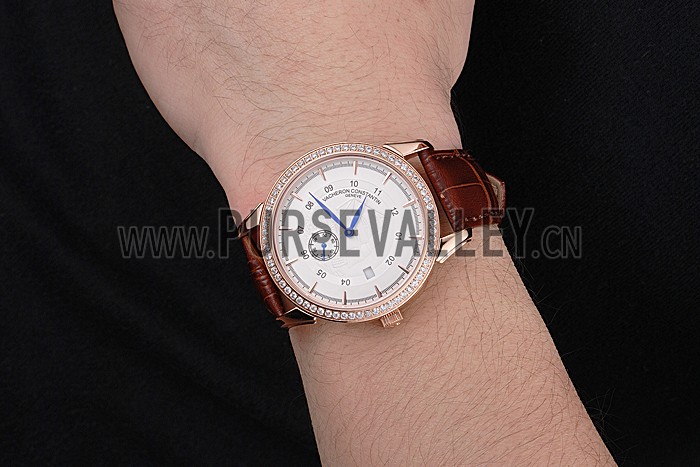 Vacheron Constantin Traditionnelle White Ship Dial Rose Gold Case With Diamonds Brown Leather Strap