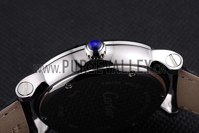 Cartier Rotonde White Dial Stainless Steel Case Black Leather Strap 622757