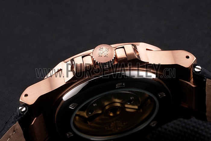 Patek Philippe Nautilus Black Dial Rose Gold Case Black Leather Strap