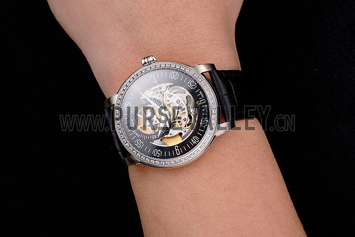 Swiss Patek Philippe Complications Openworked Dial Stainless Steel Case Diamond Bezel Black Leather Strap