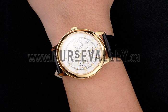 Swiss Vacheron Constantin Traditionnelle Power Reserve White Dial Gold Case Black Leather Strap
