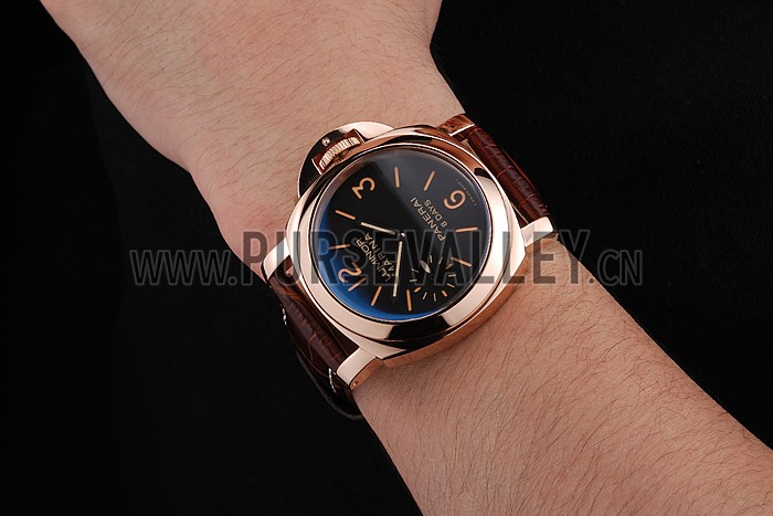 Panerai Luminor Marina 8 Days Black Dial Rose Gold Case Brown Leather Strap