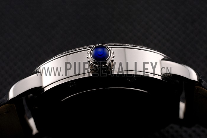 Cartier Ronde Black Dial Diamond Bezel Stainless Steel Case Black Leather Strap