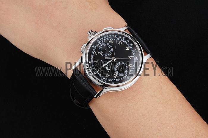 Swiss Patek Philippe Split Seconds Chronograph Black Dial Stainless Steel Case Black Leather Strap