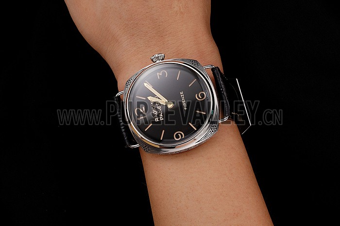 Panerai Radiomir Firenze 3 Days Acciaio PAM604 Black Dial Engraved Stainless Stell Case Black Leather Strap