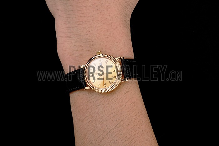 Patek Philippe Calatrava Gold Dial Roman Numerals Double Ribbed Bezel Gold Case Black Leather Strap