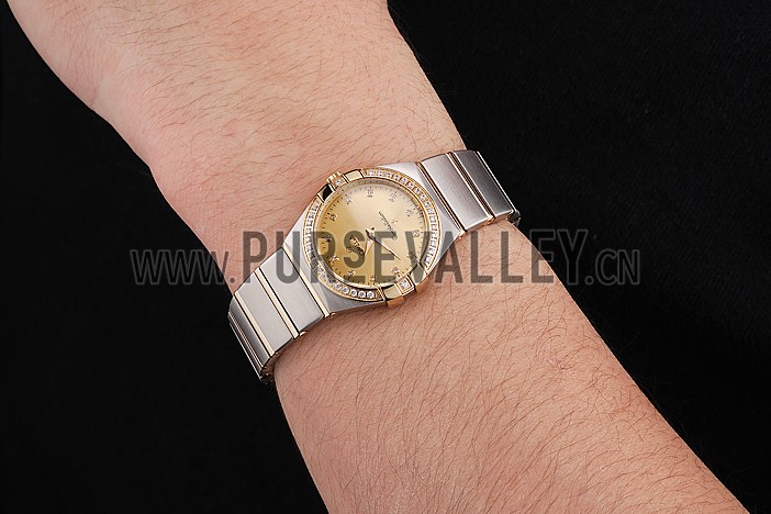 Swiss Lady Omega Constellation Crystal Encrusted Bezel Golden Dial 80293