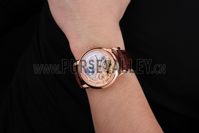 Patek Philippe Dual Time Moonphase Tourbillon Gold Skeletonised Dial Rose Gold Case Brown Leather Strap