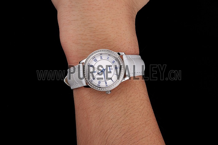 Omega De Ville Prestige Small Seconds White Dial Diamond Bezel Stainless Steel Case White Leather Strap