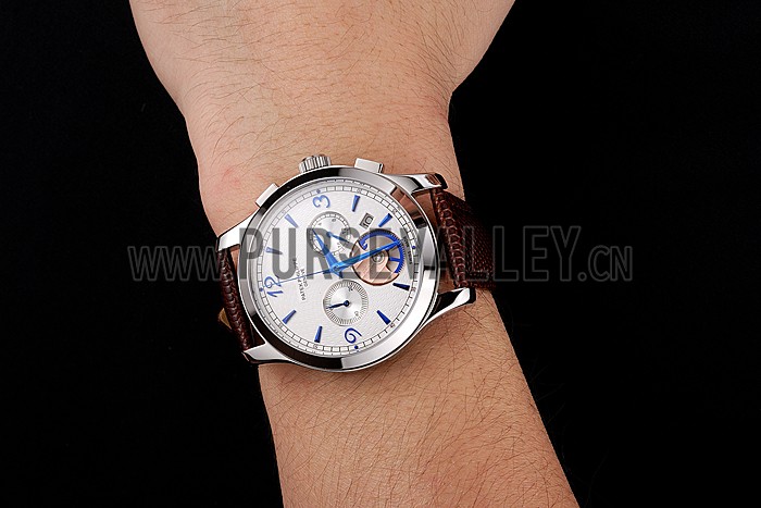 Patek Philippe Chronograph White Guilloche Dial Blue Hands Stainless Steel Case Brown Leather Strap