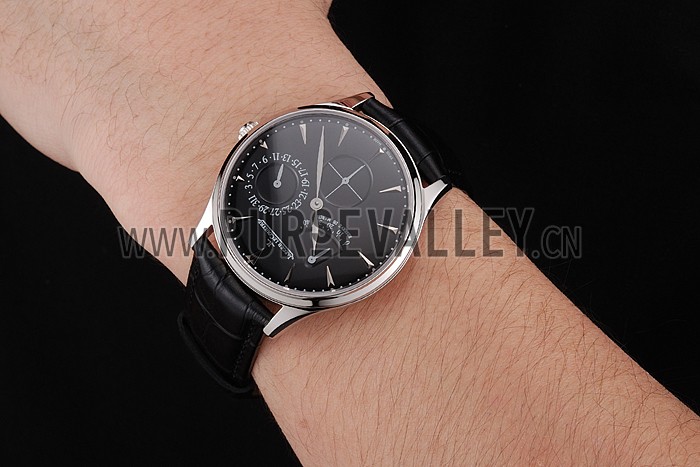 Swiss Jaeger LeCoultre Master Ultra Thin Reserve De Marche Black Dial Stainless Steel Case Black Leather Strap