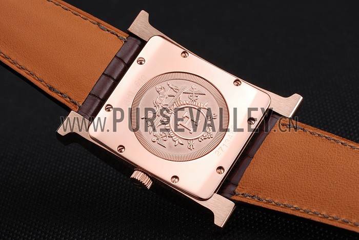 Hermes Heure H White Dial Gold Case Brown Leather Strap