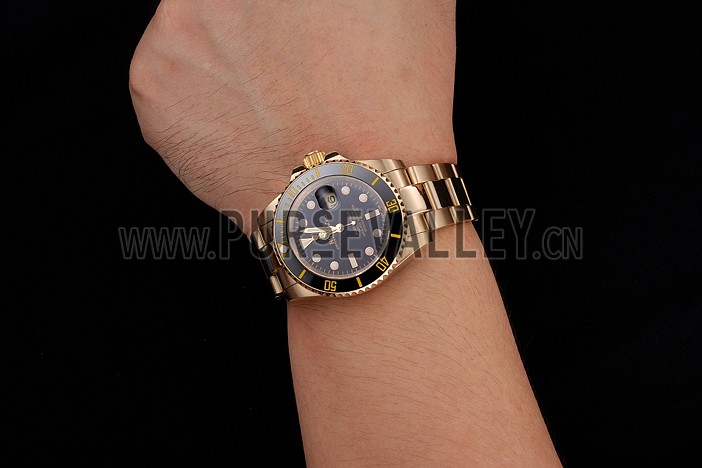 Swiss Rolex Submariner Black Dial Black Bezel Yellow Gold Case And Bracelet