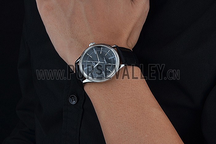 Swiss Rolex Cellini Time Silver Case Black Dial Black Leather Bracelet 622654