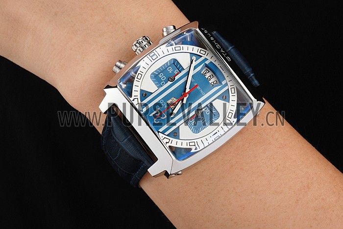 Tag Heuer Monaco 24 Calibre 36 Chronograph Blue And Grey Stripes Dial Blue Leather Strap 622273