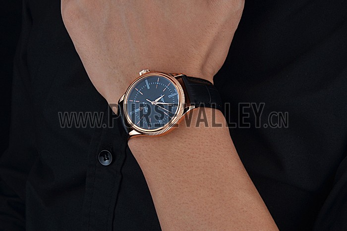 Swiss Rolex Cellini Time Rose Gold Case Black Dial Black Leather Bracelet 622656