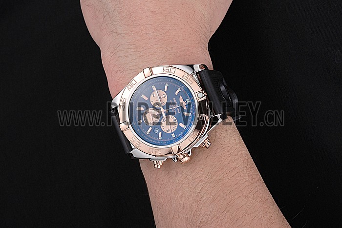 Breitling Chronomat Black Dial Rose Gold Bezel And Subdials Stainless Steel Case Black Rubber Strap